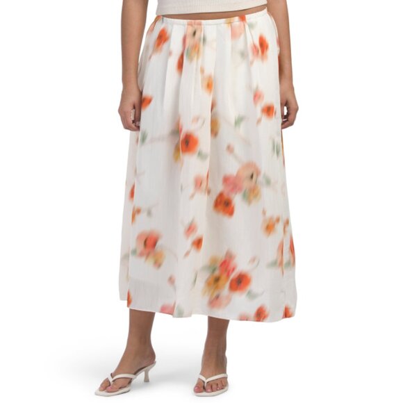 VINCE Cream Multi Poppy Blur Gathered Easy Skirt